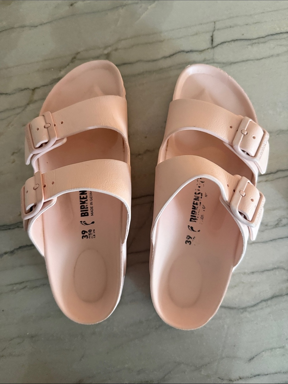 Authentic Birkenstock Two-Strap Arizona Essential EVA Sandals in Pale Pink